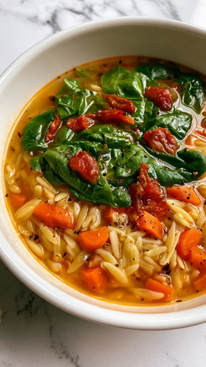A white bowl filled with three layers of food: the bottom layer is a bright orange soup, the middle layer has small yellow pasta pieces, and the top layer shows fresh green spinach leaves and small red tomato chunks with sprinkled black pepper. The bowl rests on a white marbled surface. photo taken with an iphone --ar 4:5 --v 7