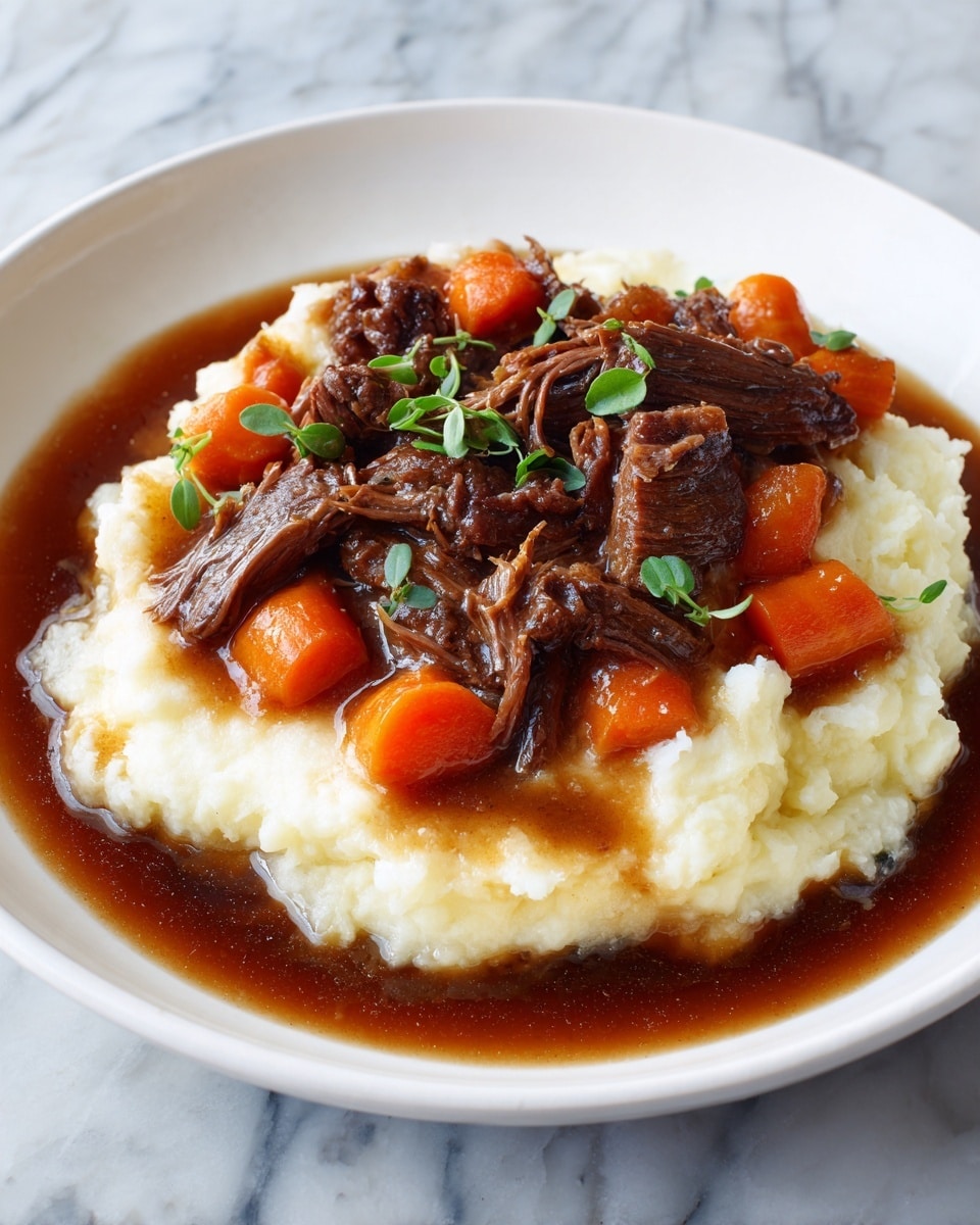 The image shows a white plate with a serving of shredded brown beef layered on top of creamy white mashed potatoes. Around the beef are bright orange chunks of cooked carrots. The beef is garnished with small green herb leaves, and the plate is surrounded by a rich brown gravy that slightly pools around the edges. The whole setup rests on a white marbled surface. photo taken with an iphone --ar 4:5 --v 7