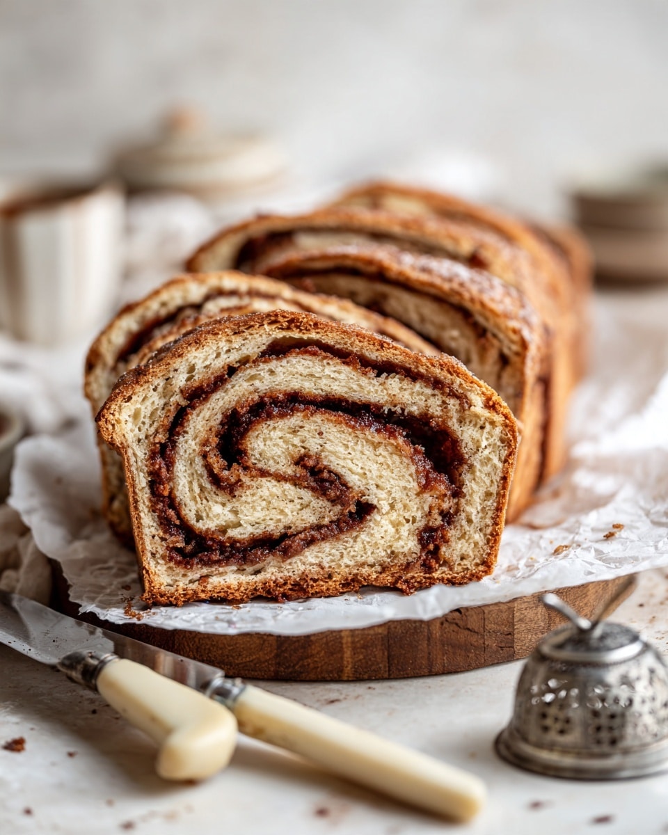A close-up image of a cinnamon roll loaf cut into thick slices showing soft, light brown, spiraled bread with dark brown cinnamon filling swirled evenly inside. The loaf has a golden-brown crust with a slightly rough texture, placed on crumpled white parchment paper atop a wooden board. In the foreground are vintage-style knives with cream-colored handles slightly out of focus, and on the right side, a metal tea infuser rests on the white marbled surface. The background is softly blurred in light neutral tones, creating a homely and warm atmosphere. Photo taken with an iphone --ar 4:5 --v 7