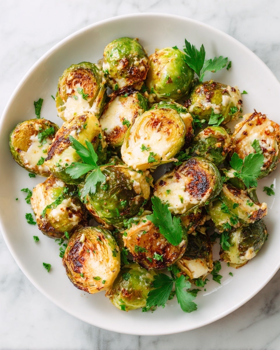 The dish shows roasted Brussels sprouts, some cut in half and others whole, placed on a white plate. Each Brussels sprout has a green outer layer with slightly browned, crispy edges and a soft, light green and yellow inner layer that looks tender. Melted golden cheese is spread on top of several sprouts, creating a creamy, slightly browned texture. A few fresh green parsley leaves are scattered on and around the sprouts, adding a fresh touch. The plate is set on a white marbled surface, enhancing the colors of the food photo taken with an iphone --ar 4:5 --v 7