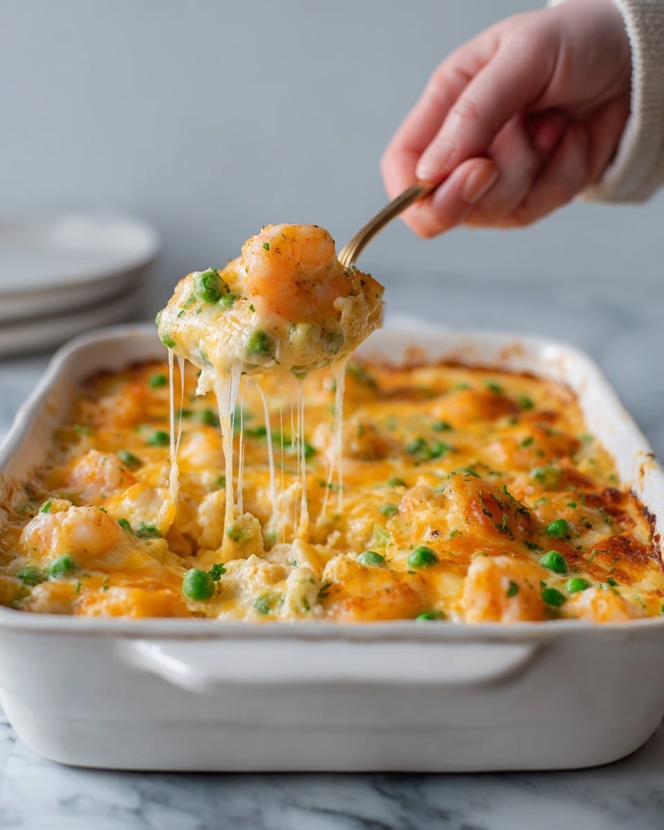 The image shows a close-up of a baked cheesy shrimp casserole in a white ceramic dish. The top layer is golden-brown melted cheese with some green peas scattered and a few whole bright orange shrimp partially buried in the cheese. A woman's hand is lifting a spoonful from the corner, revealing a gooey, stretchy texture of the melted cheese mixed with chunks of shrimp and possibly pasta underneath. The dish sits on a white marbled surface. Photo taken with an iphone --ar 4:5 --v 7