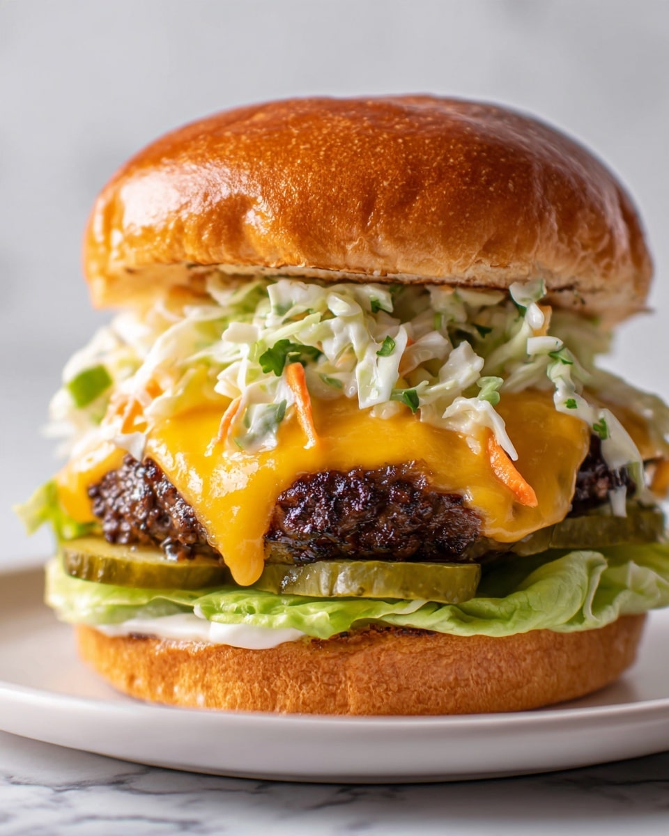 A close-up view of a cheeseburger with five visible layers on a white plate, placed on a white marbled surface. The bottom layer has green lettuce leaves, followed by several slices of glossy green pickles. Above the pickles, there is a thick grilled beef patty covered with melted, bright orange cheddar cheese that drapes over the sides. On top of the cheese-covered patty lies a generous helping of creamy coleslaw made of shredded white cabbage, green herbs, and thin strips of orange carrot in a light dressing. The whole burger is crowned with a shiny, lightly toasted, golden-brown bun that looks soft with a slightly glossy texture. Photo taken with an iphone --ar 4:5 --v 7