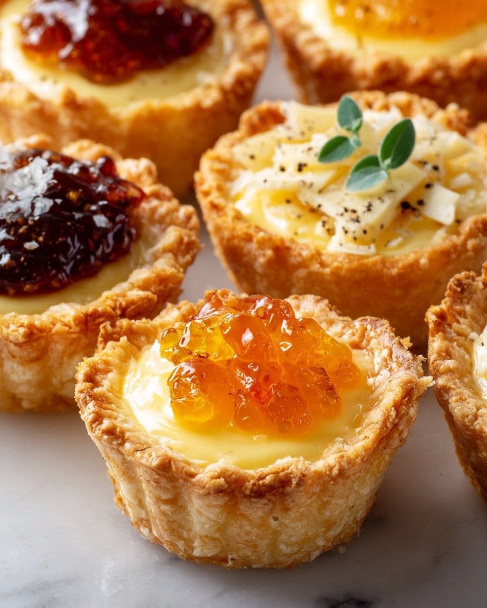 The image shows several small, golden brown tartlets with crinkled edges arranged closely on a white marbled surface. Each tartlet has one main layer of creamy, yellow filling that looks soft and smooth. On top of this base filling, there are different toppings: one tartlet has shiny orange jelly with small white chunks, another has a dark red jam with small bits of a white cheese, and the last one has melted cheese with a small green herb leaf and visible black pepper specks. The crusts are thick and crisp with a warm color gradient from light to darker golden brown, giving a fresh baked look. Photo taken with an iphone --ar 4:5 --v 7