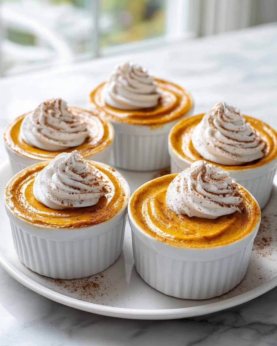 Five white ramekins filled with smooth orange pumpkin pudding are arranged on a round white plate on a white marbled surface. Each pudding has a swirl of white whipped cream on top, dusted lightly with brown cinnamon or spice powder. The puddings look creamy and rich, and the whipped cream is soft and airy, forming a neat spiral shape in the center of each ramekin. The background shows a blurred kitchen window with soft natural light coming through. photo taken with an iphone --ar 4:5 --v 7