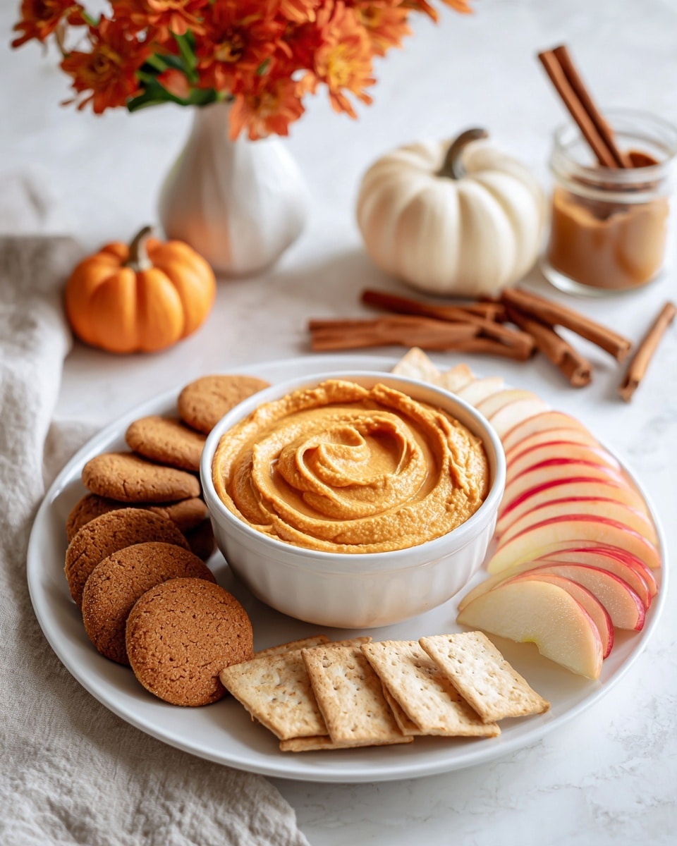 A white plate sits on a white marbled surface and holds an autumn snack spread. In the center is a bowl filled with creamy orange pumpkin dip, swirled neatly on top. Surrounding the bowl are three sections: on the left, a row of round brown ginger cookies; in the front, rectangular light brown graham crackers stacked closely; and on the right, thin slices of red and yellow apples arranged in a fan shape. In the background, cinnamon sticks, a small orange pumpkin, a jar with brown sugar, and a white vase with orange flowers can be seen slightly out of focus. Photo taken with an iphone --ar 4:5 --v 7