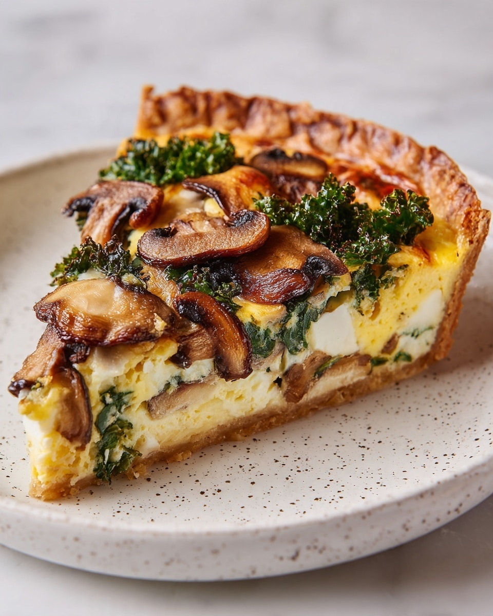 A slice of quiche sits on a white plate with a speckled pattern. The quiche has three visible layers: the bottom is a golden-brown, flaky crust; the middle is a light yellow egg filling mixed with white cheese and bright green kale leaves; the top layer is decorated with browned, tender mushroom slices and crispy dark green kale pieces. The overall texture shows a soft, creamy inside with a slightly crunchy crust and roasted toppings. The white plate rests on a white marbled surface. Photo taken with an iphone --ar 4:5 --v 7