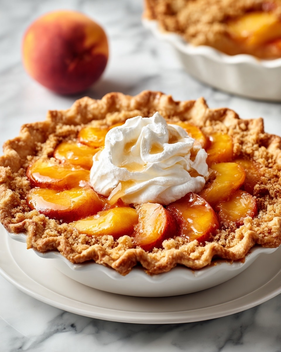 A close-up view of a peach pie with a flaky crust that is golden brown and crimped around the edges, filled generously with glossy, soft peach slices arranged in a circle. Underneath the peaches, there is a layer of crumbly brown butter topping that looks slightly crunchy. On top, a dollop of white whipped cream is placed at the center with a small drizzle of maple syrup shining on it and some peaches. The pie is served on a simple white plate, all set on a white marbled surface. In the background, a whole peach and a white pie dish with more pie are slightly out of focus. Photo taken with an iphone --ar 4:5 --v 7