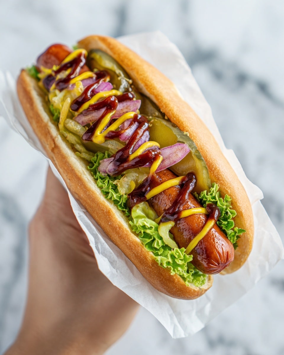 A long hot dog in a soft, lightly toasted bun with a layer of fresh green lettuce at the bottom, topped with a grilled sausage that has a slightly shiny brown surface. On top of the sausage, there are thin slices of red onions and some green herbs. The whole hot dog is drizzled with yellow mustard and dark brown barbecue sauce in a zigzag pattern. The hot dog is held by a woman's hand wrapped in a white paper wrap, with a white marbled background behind. Photo taken with an iphone --ar 4:5 --v 7