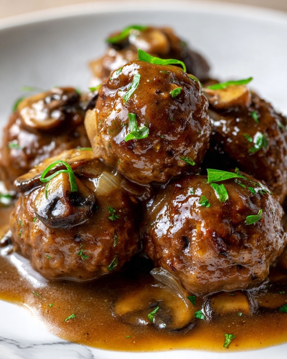The image shows several cooked meatballs placed close together on a white marbled surface. Each meatball is covered with a shiny, dark brown mushroom gravy, which includes small pieces of sliced mushrooms and onions. The meatballs have a textured, slightly rough surface. Small green parsley leaves are sprinkled on top, adding a touch of bright color. The sauce pools slightly around the bottom of the meatballs, creating a rich and appetizing look. Photo taken with an iphone --ar 4:5 --v 7