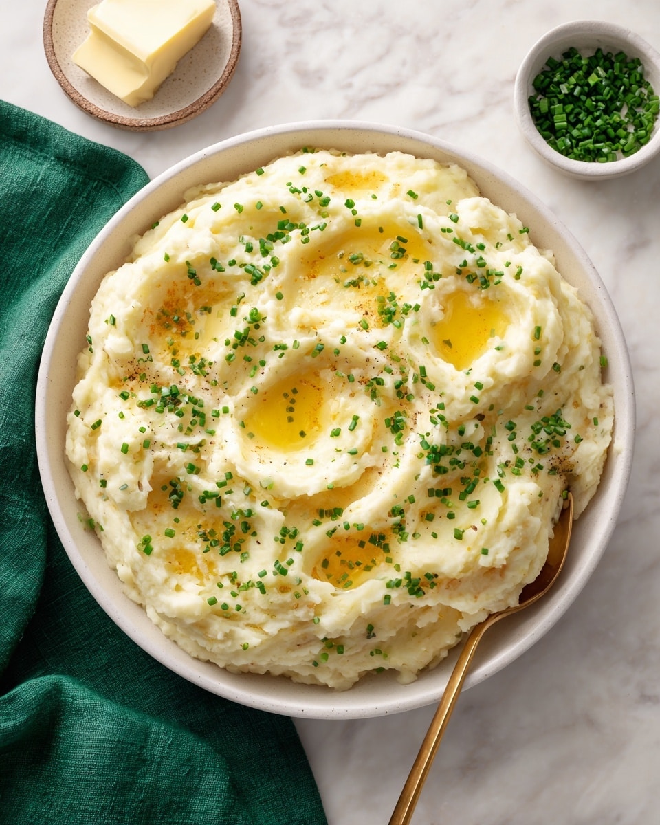 A white bowl filled with creamy mashed potatoes showing a smooth and slightly lumpy texture, with small pools of melted butter creating shiny golden spots on the surface, sprinkled evenly with chopped green chives, placed on a white marbled surface alongside a green cloth napkin, a small bowl of chives, a dish with a slice of butter, and a gold spoon resting inside the bowl. Photo taken with an iphone --ar 4:5 --v 7