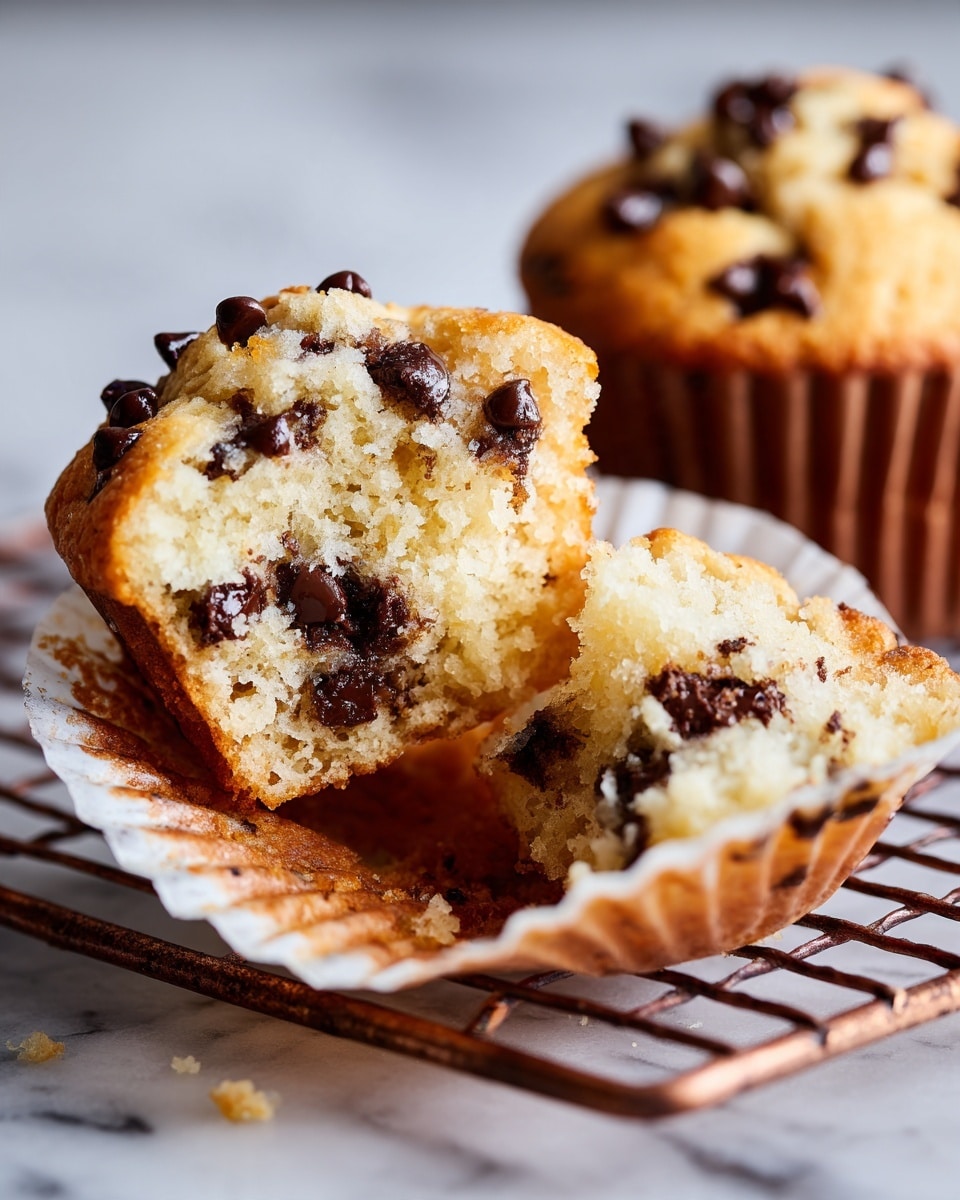 The image shows a close-up of a white cupcake liner holding a chocolate chip muffin broken into two pieces. The muffin has a golden brown crumb with a soft texture and is dotted with shiny, dark chocolate chips both on top and inside. The liner is slightly greasy and crinkled around the edges, resting on a copper cooling rack against a white marbled background. Photo taken with an iphone --ar 4:5 --v 7
