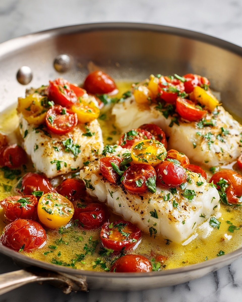 The image shows three thick white fish fillets in a silver pan, each topped with colorful halved cherry tomatoes in red and yellow. The fish is covered with a glossy, golden-green herb sauce with visible chopped green herbs scattered on top. The tomatoes add bright pops of color, and the sauce pools richly around the fish. The scene is set on a white marbled surface with warm natural light, creating a fresh and vibrant look. photo taken with an iphone --ar 4:5 --v 7