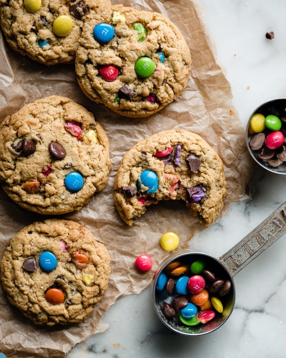 A close-up of several oatmeal cookies with colorful candy-coated chocolate pieces and chocolate chips on top, arranged on crumpled brown paper on a white marbled surface. One cookie in the center has a bite taken from it, showing its soft texture with visible candy pieces and chocolate chips inside. A metal measuring cup filled with extra candy-coated chocolates and chocolate chips is placed to the right. Scattered candy pieces are also visible near the cookies. photo taken with an iphone --ar 4:5 --v 7