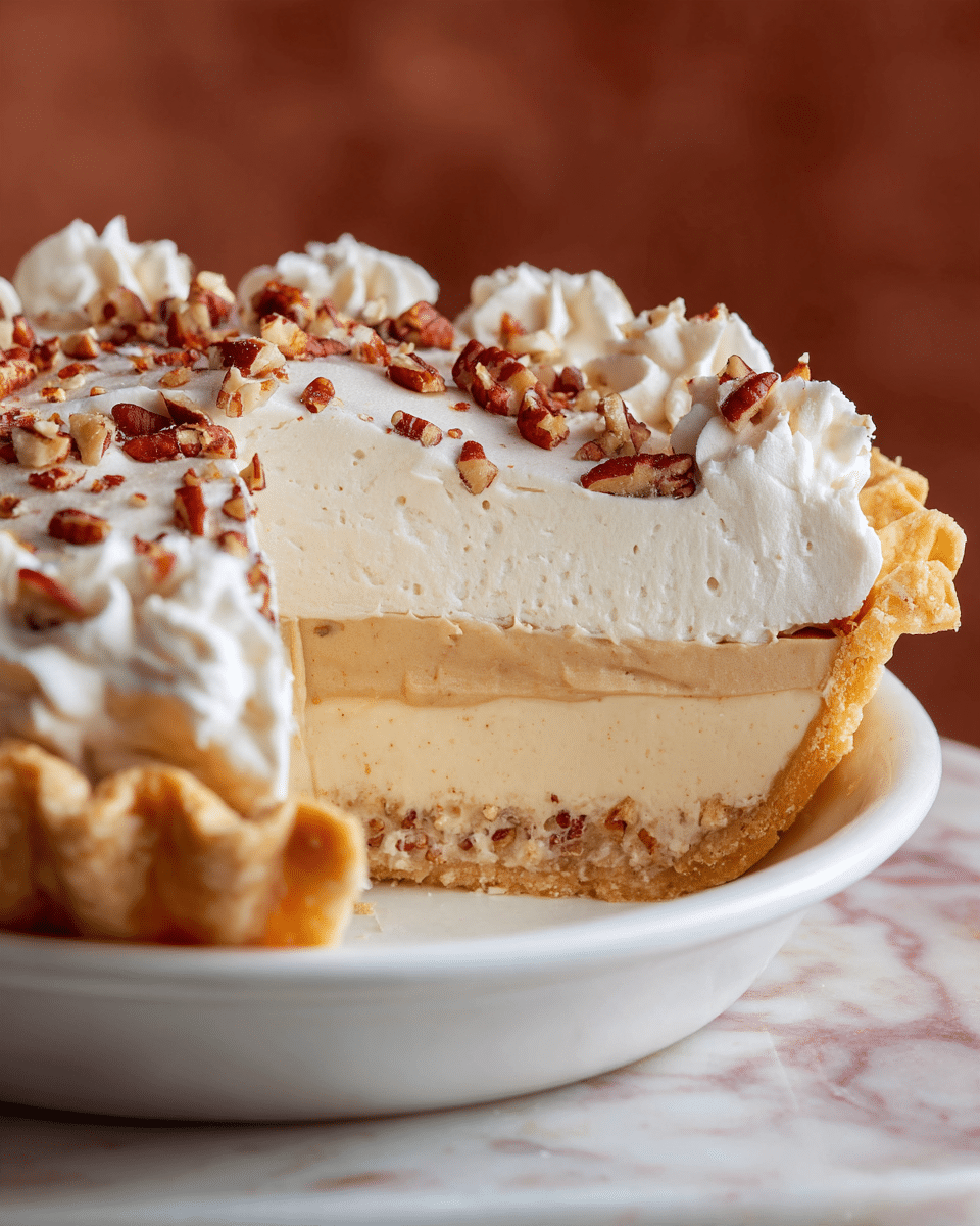 A close-up of a pie with three visible layers sitting on a white pie dish placed on a white marbled surface. The bottom layer is a golden, flaky crust with a crimped edge that holds the filling. The middle layer is light tan and smooth, looking creamy and thick. The top layer is a thick, fluffy white whipped cream spread unevenly over the filling, sprinkled with small pieces of chopped brown pecans. The background is a warm brown color, making the pie stand out. photo taken with an iphone --ar 4:5 --v 7