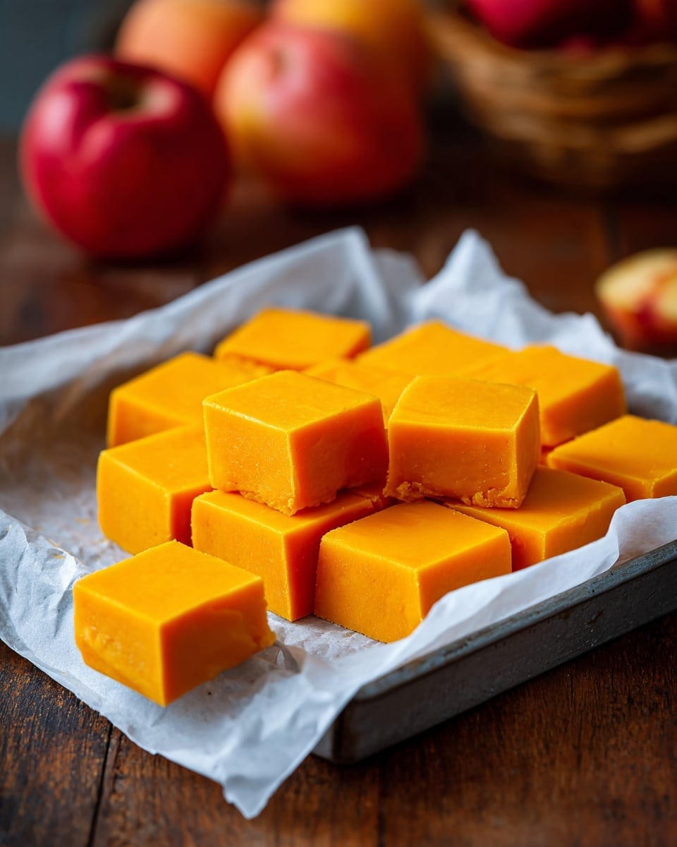A square metal pan lined with white parchment paper holds a single thick, smooth, orange-brown layer of soft candy cut into nine square pieces; eight squares are still in the pan, while one piece is set outside the cut section on the parchment. The surface is glossy and even, with clean edges where the candy is cut. The pan rests on a wooden surface with a knife and a red apple nearby, all against a white marbled background. photo taken with an iphone --ar 4:5 --v 7