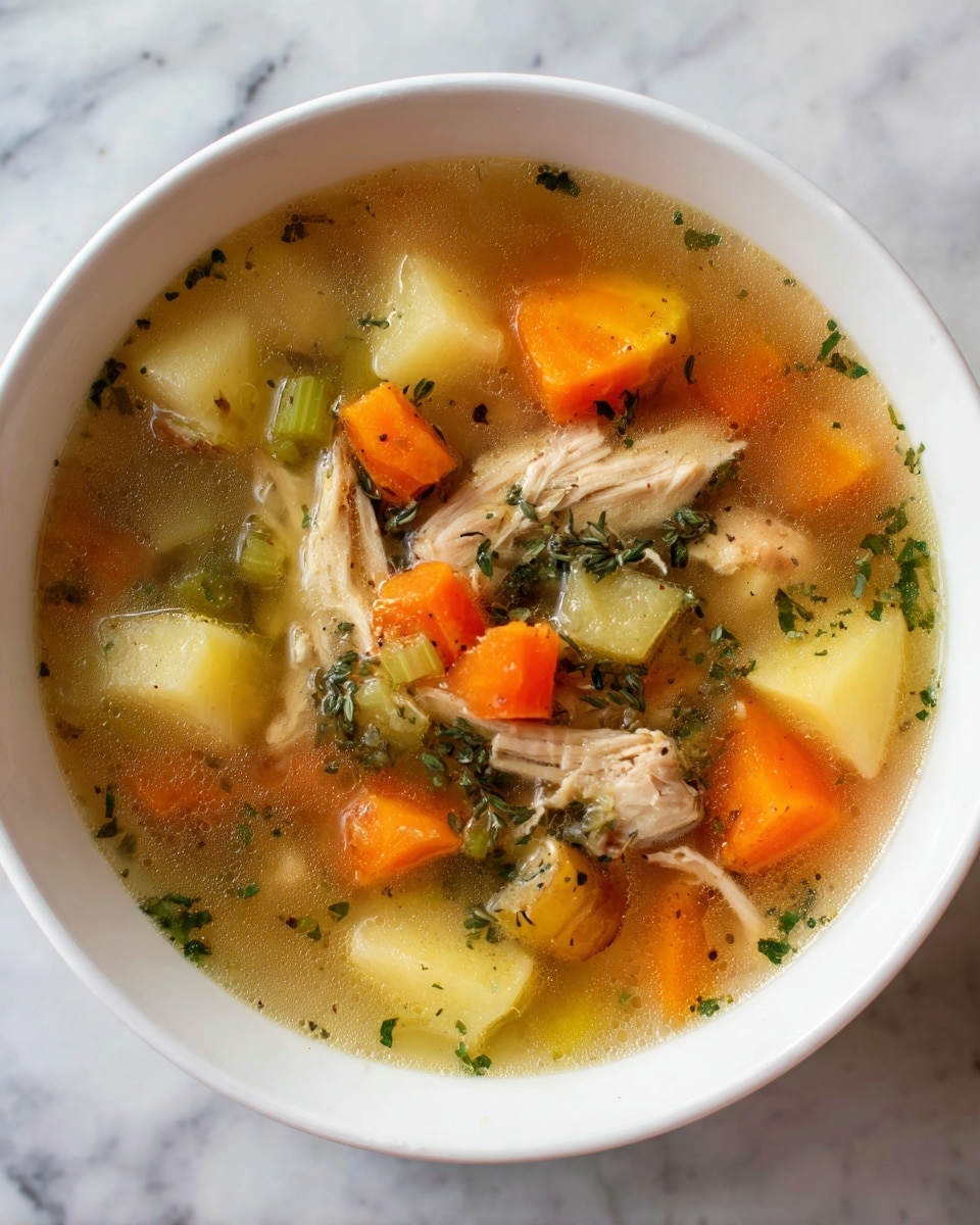 A white bowl filled with a soup that has several layers of ingredients visible: large chunks of cooked chicken pieces spread evenly, bright orange carrot slices, yellow potato cubes, and small pieces of green celery floating in a clear broth with herbs sprinkled throughout. The soup looks warm and hearty with a mix of soft and firm textures. The bowl sits on a white marbled surface, with soft natural light highlighting the colors. Photo taken with an iphone --ar 4:5 --v 7