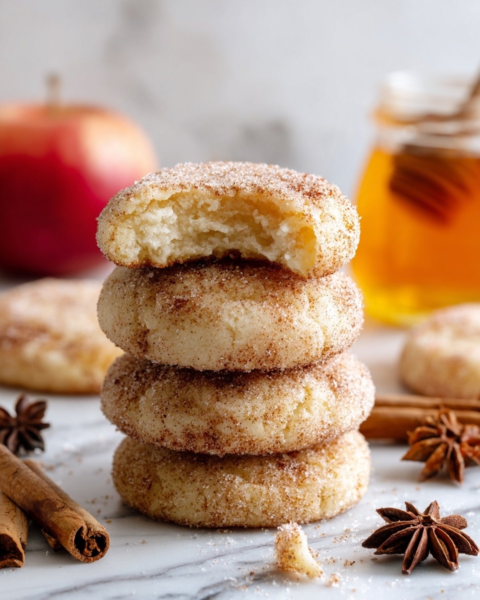 A stack of five soft, round cinnamon sugar cookies with a rough textured surface dusted in sugar sits centered on a white marbled texture. The top cookie has a bite taken out, revealing a creamy, white filling layer in the middle, which looks smooth and thick. Around the stack, more cookies lie flat with a light golden-brown color and a sugary, slightly grainy texture. In the background, there is a reddish apple and cinnamon sticks, adding warm tones. A star anise and another apple slice also sit near the cookies, with some sugar crystals scattered around. Photo taken with an iphone --ar 4:5 --v 7