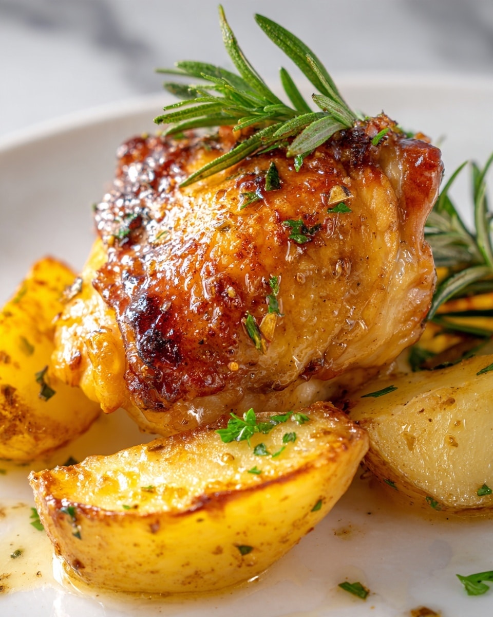 The image shows a close-up of a roasted chicken thigh with crispy golden-brown skin covered in herbs and spices, sitting next to three cooked potato wedges on a white plate. The potato wedges are light golden with a soft texture, and the whole dish is garnished with small green rosemary leaves scattered on top and around. The background has a white marbled texture, enhancing the warm colors of the food. Photo taken with an iphone --ar 4:5 --v 7