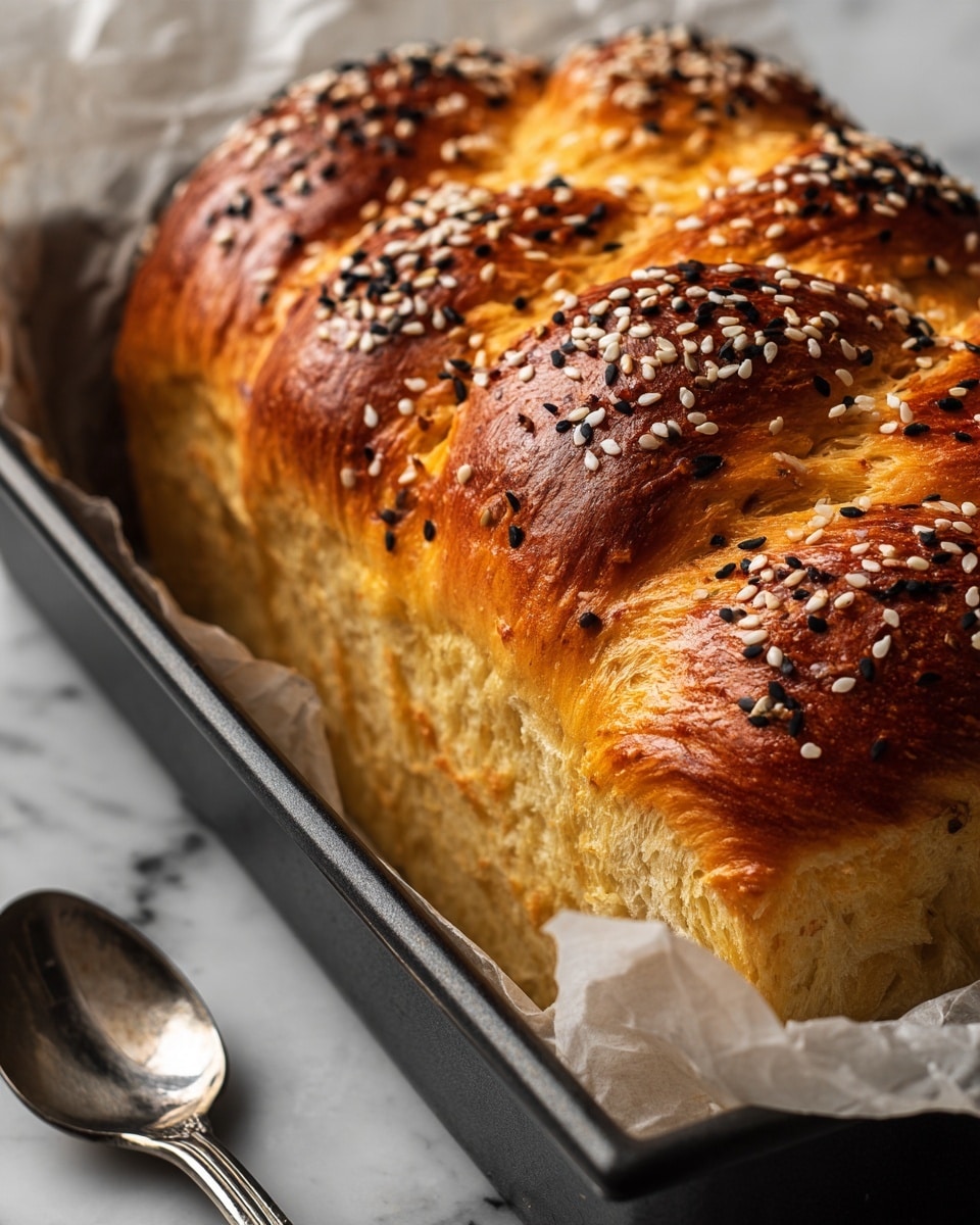 A single layer of golden-brown bread with a slightly crispy crust, sprinkled evenly on top with a mix of black and white sesame seeds and small, crunchy bits of seasoning, resting on white parchment paper inside a black round baking pan, with a silver spoon placed beside the pan on a white marbled surface. The bread shows a few small air holes and a soft texture underneath the crust. photo taken with an iphone --ar 4:5 --v 7