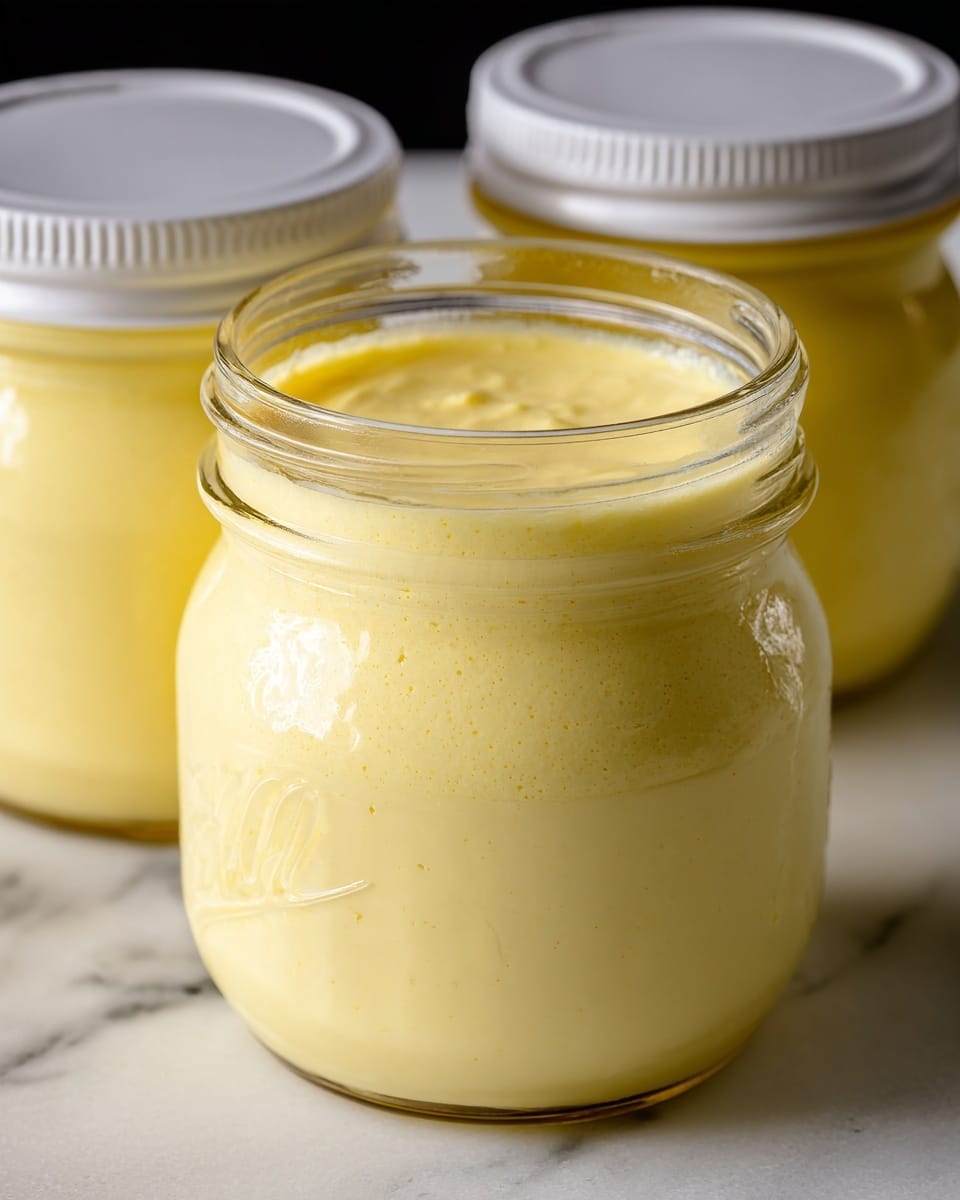 A close-up view of a clear glass jar filled to the top with a smooth, thick yellowish-brown liquid that looks like soup or sauce, sealed with a white plastic lid. The jar has a rounded shape with slight condensation and light reflections on the glass surface, placed on a white marbled texture. Another jar with the same yellow liquid is partially visible on the left side, set against a plain dark background. photo taken with an iphone --ar 4:5 --v 7