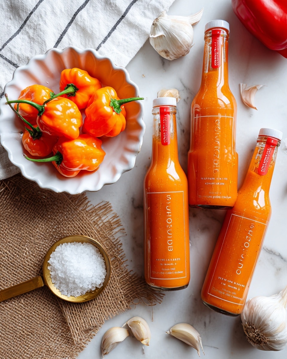 The image shows three glass bottles filled with bright orange mango habanero hot sauce, two with black caps and one with a red cap, arranged on a white marbled surface with a piece of light brown burlap underneath. To the left, a white scalloped bowl holds five vibrant orange habanero peppers with green stems. On the right side of the image, there is a large red chili pepper, several garlic cloves with light beige skin, and a vintage measuring spoon filled with coarse white salt spilled around it. A white napkin with thin black stripes partially covers the top left corner of the surface. photo taken with an iphone --ar 4:5 --v 7