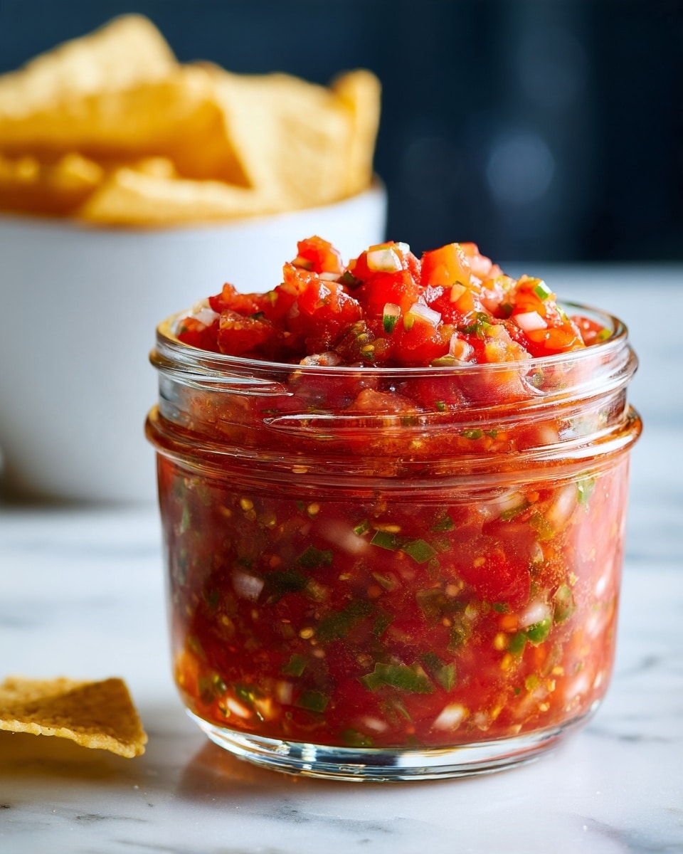 A clear glass jar filled with chunky salsa showing multiple layers of red tomatoes, purple onions, and green jalapeño pieces mixed with seeds and juice; the jar is topped with two yellowish tortilla chips sticking out on the right side. In the blurred background, a white bowl holds more yellowish tortilla chips, all set on a white marbled surface with a dark, neutral backdrop. photo taken with an iphone --ar 4:5 --v 7