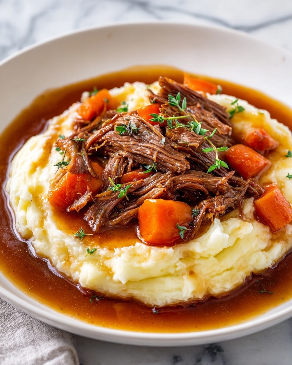 A white plate holds a layered dish starting with a bottom layer of creamy mashed potatoes, smooth and white. On top of the mashed potatoes is a generous serving of shredded beef, brown with a tender, fibrous texture. Around the beef, chunks of cooked carrots add bright orange contrast. The whole dish is covered in a glossy brown gravy that pools around the edges. A few small green herb leaves are sprinkled on top, adding a fresh touch. The plate sits on a white marbled surface. Photo taken with an iphone --ar 4:5 --v 7