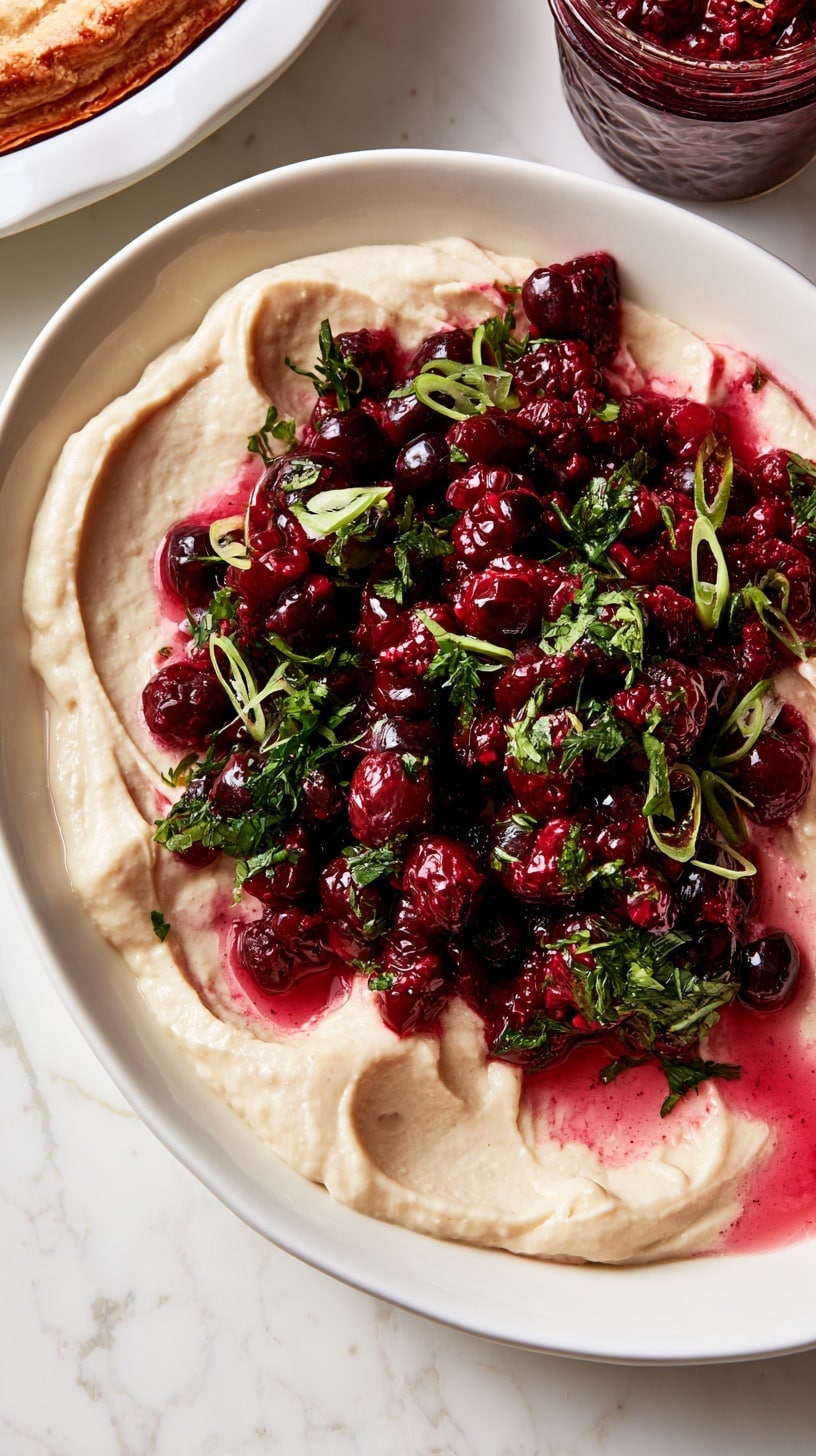 In a shallow white oval dish, there are two main layers: the bottom layer is a smooth, creamy light beige spread with soft swirls, and the top layer is a heap of dark red and purple cooked berries mixed with chopped green herbs and slivers of pale green onion, giving a fresh look. Some of the berry juice has spread gently onto the cream, creating a soft pink wash around the edges. In the background, there is a glass jar filled with more deep red berry mixture and the edge of a golden brown pie crust visible on the side, all resting on a white marbled surface. photo taken with an iphone --ar 4:5 --v 7