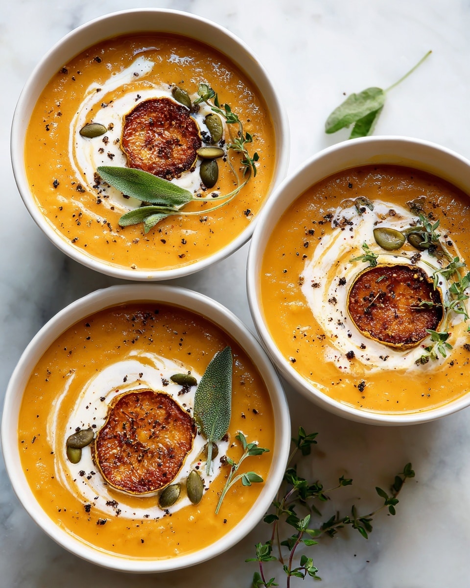 This image shows a bowl filled with smooth, orange creamy soup as the base layer, topped with a swirl of white cream in the center. On top of the cream, there is a single grilled, slightly charred orange slice and some green seeds scattered around. Small green herb leaves are also placed for garnish, creating a fresh contrast against the warm soup colors. The bowl is white and has a simple, round shape. The surface underneath the bowl features a white marbled texture, and a folded brown cloth napkin is partially visible in the bottom right corner. Photo taken with an iphone --ar 4:5 --v 7