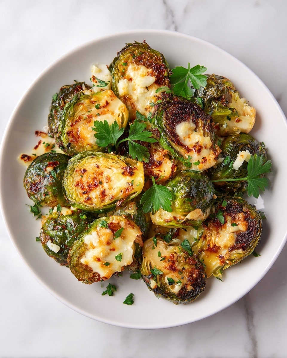 The image shows a white plate filled with roasted Brussels sprouts, some cut in half revealing their bright green inner leaves, while others remain whole with a golden-brown, slightly crispy outer texture. The dish is garnished with small pieces of melted cheese that blend in with the browned, bubbly surface, and a few sprigs of fresh parsley add a touch of vibrant green color on top. The plate rests on a white marbled surface, enhancing the fresh and hearty appearance of the roasted vegetables. Photo taken with an iphone --ar 4:5 --v 7