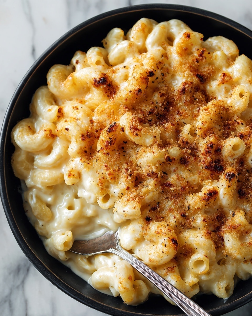 The image shows a close-up of a round black pan filled with creamy macaroni and cheese. The dish has one main layer made of soft pasta coated in a light golden melted cheese sauce, topped with browned, bubbly cheese crust that adds a slightly crispy texture. A silver spoon rests inside the pan on the right side, and in the background, there is a white marbled surface with a blurred view of toasted bread slices. Photo taken with an iphone --ar 4:5 --v 7
