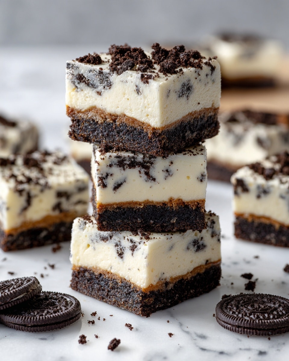 The image shows a stack of four square cookies and cream bars with a creamy white top layer embedded with crushed dark cookie pieces. The middle layer is a dense, dark chocolate base with visible cookie crumbs, creating a strong contrast with the top creamy layer. The bars are arranged on a white marbled surface, with a few whole chocolate sandwich cookies lying beside the stack, adding to the visual appeal. The texture looks smooth on the top layer and crumbly in the base, highlighting the different consistencies. photo taken with an iphone --ar 4:5 --v 7