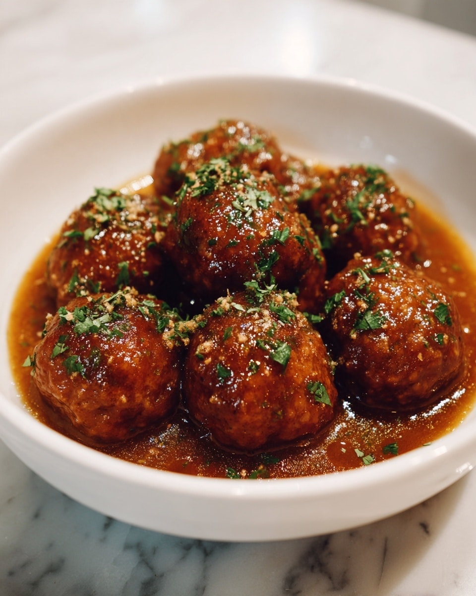 The image shows a round white bowl filled with about a dozen brown meatballs covered in a thick, shiny brown sauce. The meatballs are smooth and glossy, with a few small green parsley pieces sprinkled on top. The sauce pools around the meatballs, creating a rich and moist look. The white marbled background adds a clean and bright contrast to the deep colors of the dish. photo taken with an iphone --ar 4:5 --v 7