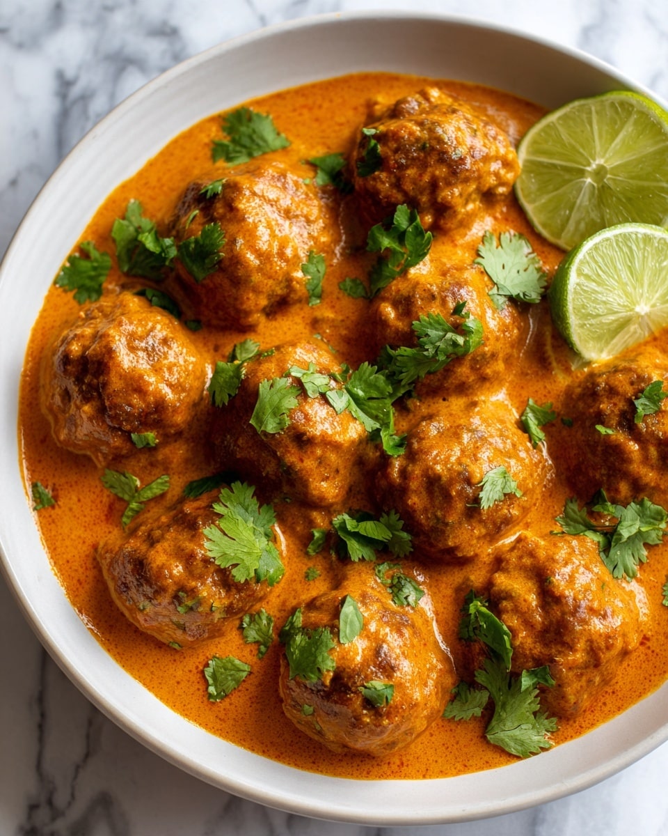 The image shows a close-up of a bowl filled with round, golden-brown kofta balls sitting in a smooth, rich orange-brown curry sauce. The kofta balls have a slightly textured surface and are evenly placed in the sauce. Small, bright green cilantro leaves are scattered on top, adding a fresh contrast. In the top right corner, there is a half slice of lime with a pale green color. The bowl is white and is set on a white marbled surface. photo taken with an iphone --ar 4:5 --v 7