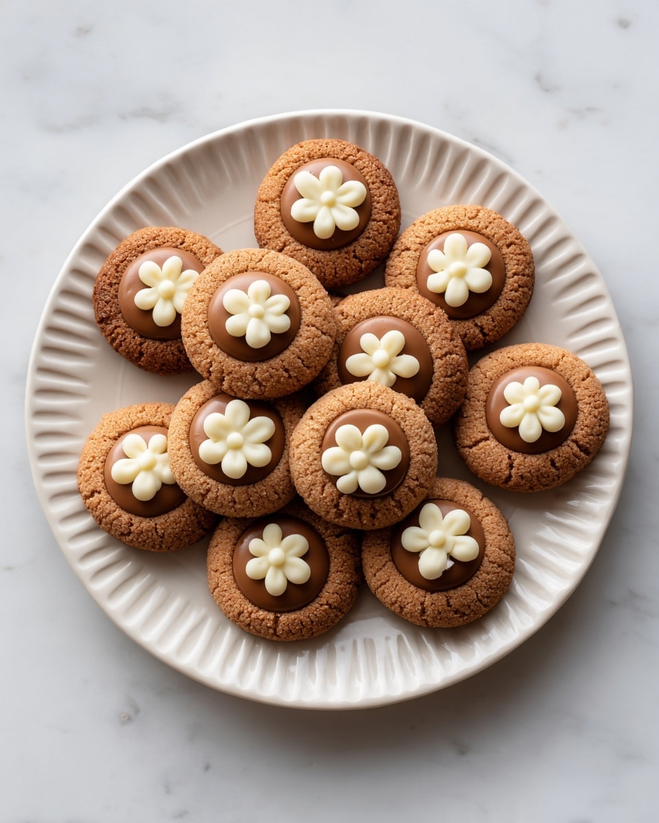 On a white plate with a scalloped edge, there are eleven round cookies arranged loosely. Each cookie has a light brown crust with a slightly cracked texture. In the center of each cookie is a smooth, glossy caramel-colored circle, and on top of that, a small dollop of white cream is placed neatly. The plate sits on a white marbled surface, and a woman's hand is picking up a cookie. Photo taken with an iphone --ar 4:5 --v 7