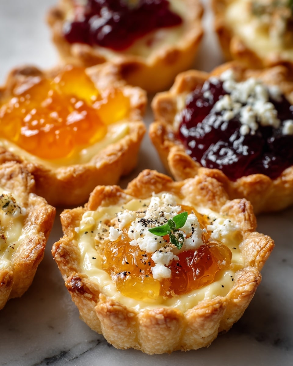 Four small tarts sit close to each other on a white marbled surface. Each tart has a golden, slightly browned crust with raised, wavy edges. Inside, one tart shows smooth pale yellow cheese with a glossy layer of dark red dried cranberries on top. Another tart contains a shiny amber jam with small bits of light-colored nuts inside. A third tart holds creamy cheese topped with a small green rosemary sprig and a few black pepper flakes. The last tart is partially visible with a similar cheese base and bits of red dried fruit and pecans. The tarts look warm and freshly baked. photo taken with an iphone --ar 4:5 --v 7