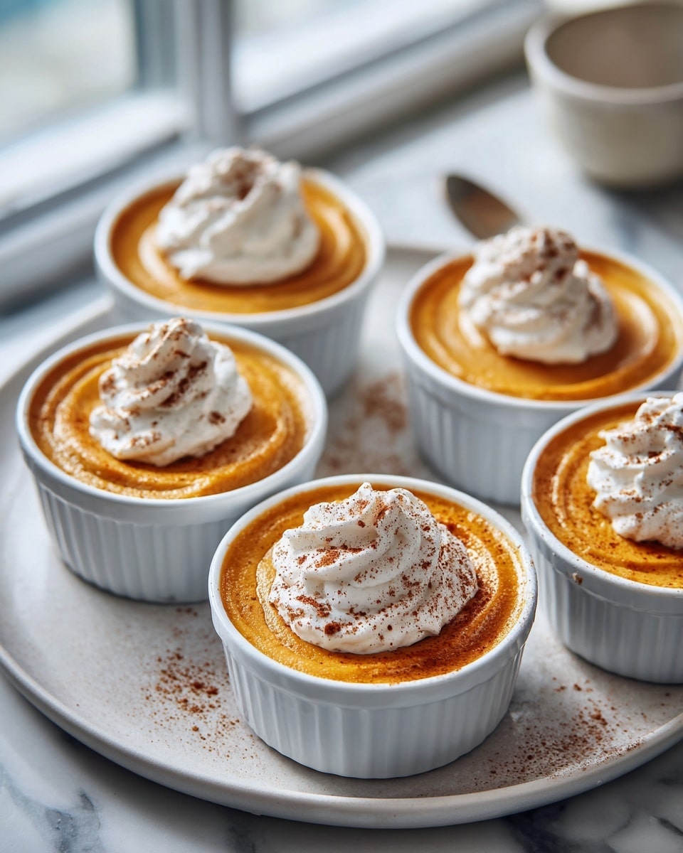 Five small white ramekins are placed on a large white plate with a smooth edge, all sitting on a white marbled surface. Each ramekin contains a dessert with two visible layers: the bottom layer is a smooth, bright orange pudding, and on top is a swirl of white whipped cream sprinkled with a light dusting of brown spice. The ramekins are arranged with three in the back row and two in the front row, all evenly spaced. The background shows a kitchen with a blurred window, plant, and countertop, giving the scene a clean and fresh look. Photo taken with an iphone --ar 4:5 --v 7