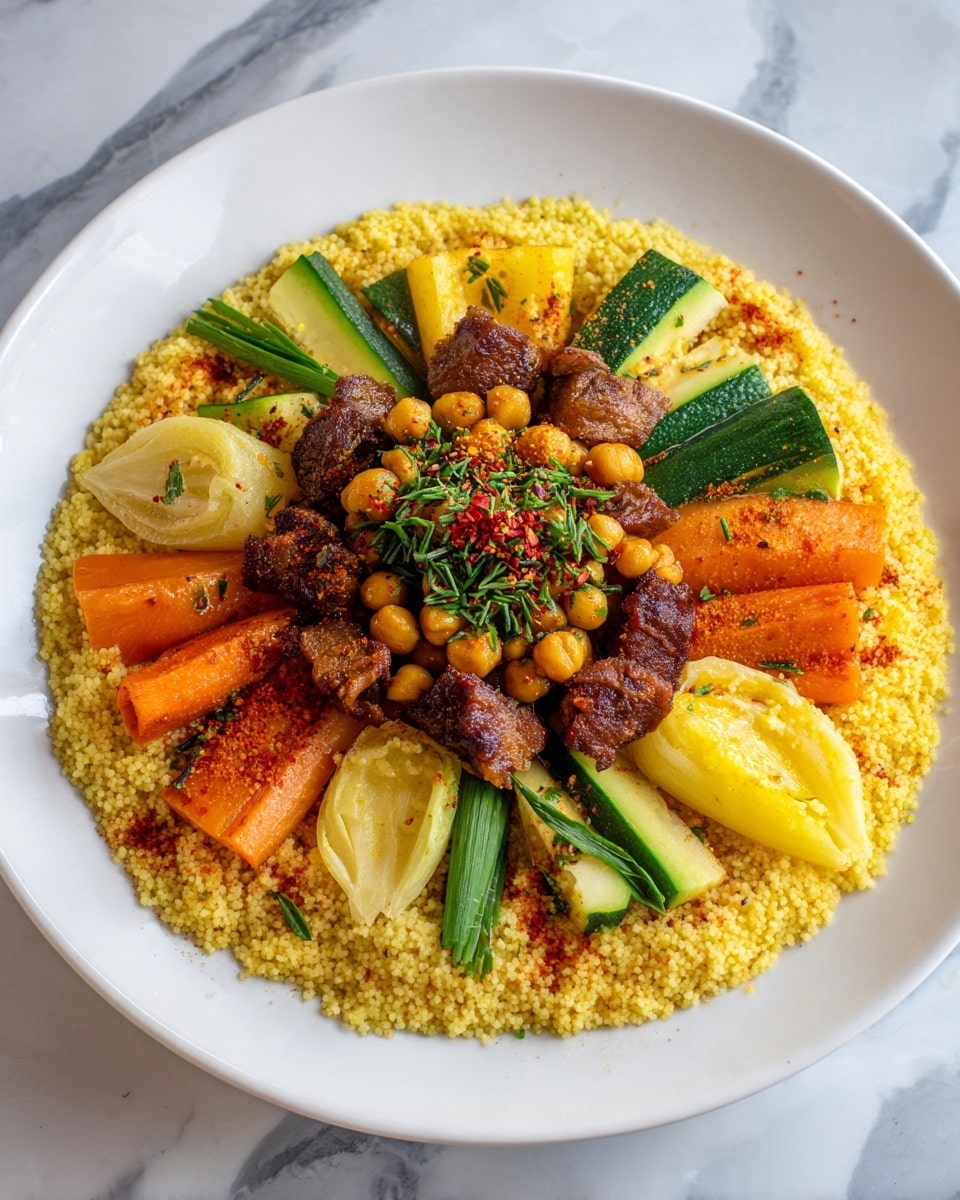 A large white plate sits on a white marbled surface, filled with a colorful couscous dish with multiple layers. The base layer is bright yellow couscous spread evenly across the bottom of the plate. On top, large chunks of cooked vegetables form an outer ring: orange carrots, green zucchini halves, light yellow potatoes, and rounded green cabbage pieces. Inside this ring, there are medium-sized brown pieces of slow-cooked meat and a scattering of yellow chickpeas, lightly dusted with green herbs. A small mound of red spices sits at the center on top. The colors are warm and earthy with a mix of soft and firm textures. photo taken with an iphone --ar 4:5 --v 7